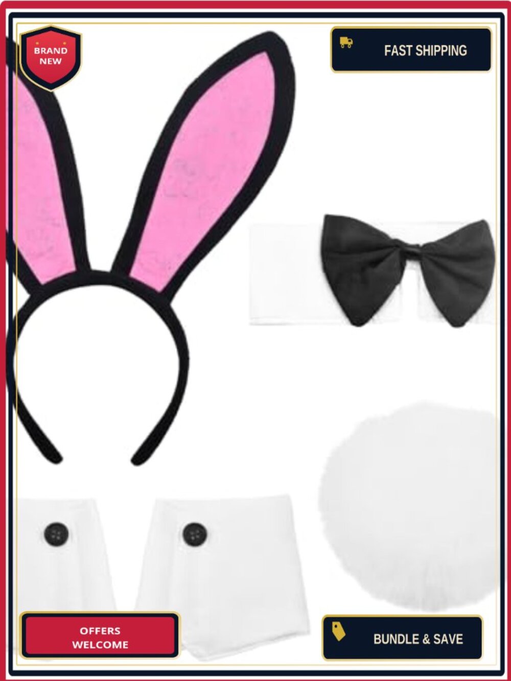Women's Bunny Costume Set Rabbit Ear Headband Collar Bow Tie Cuffs Tail Party